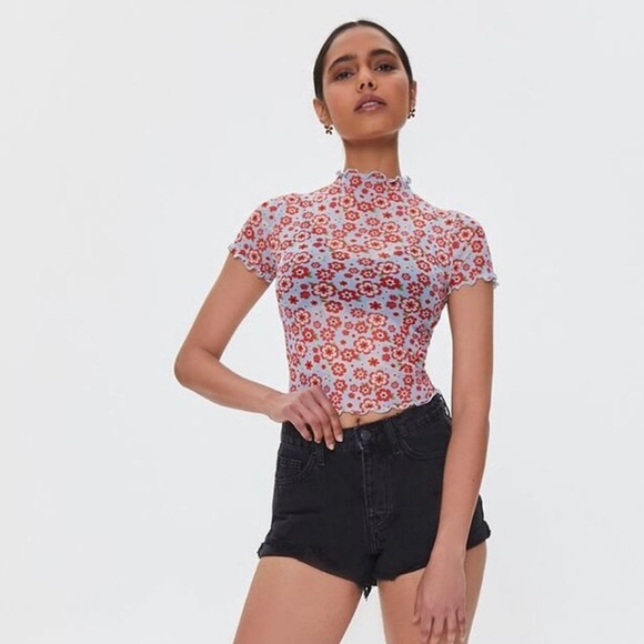 Forever 21 Floral Mesh Crop Top S - Picture 1 of 7